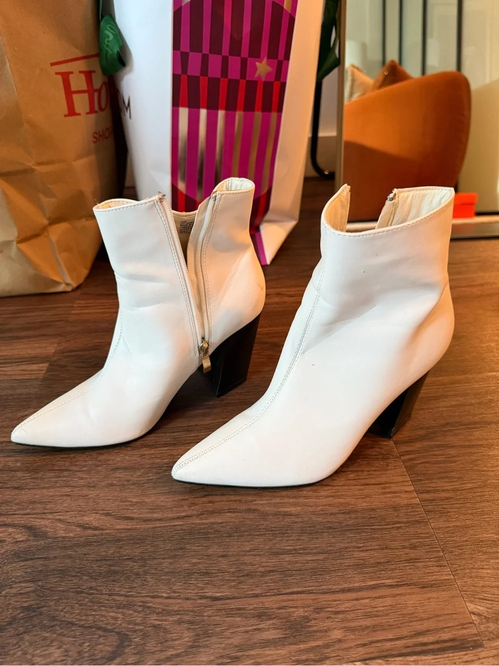 JustFab White Pointed Toe Ankle Booties with Block Heel
